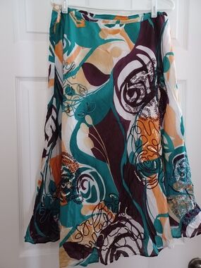 Chico's Womens Size 2-L Cbstract Teal & Mustard Embroidered & Beaded A Line